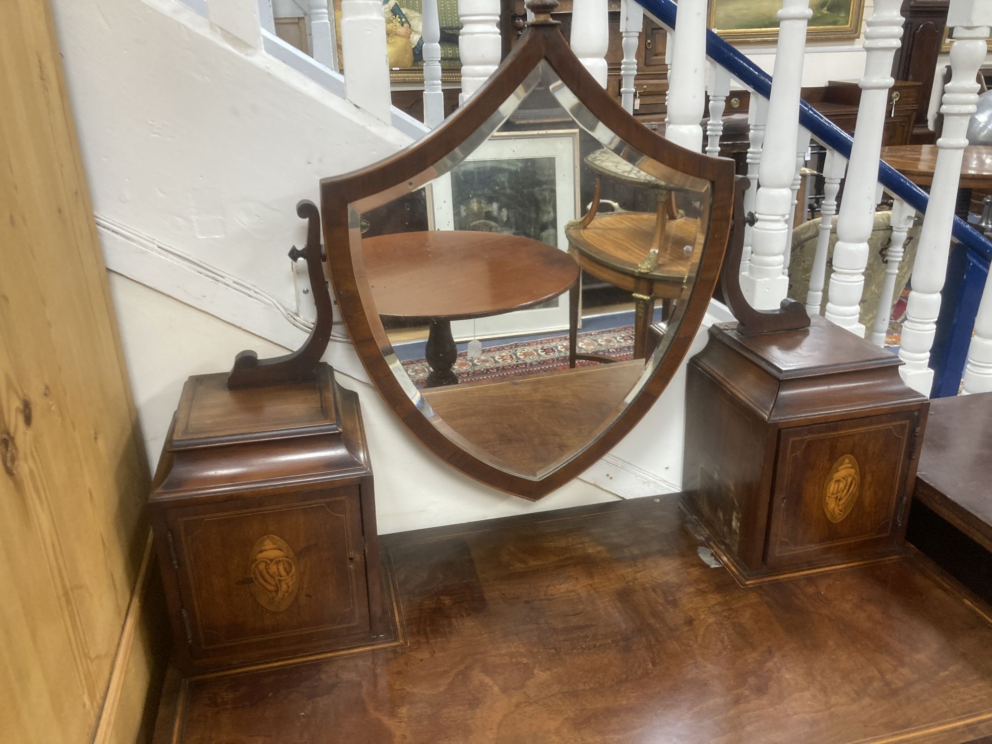 A George III inlaid mahogany kneehole dressing table, width 92cm, depth 50cm, height 140cm